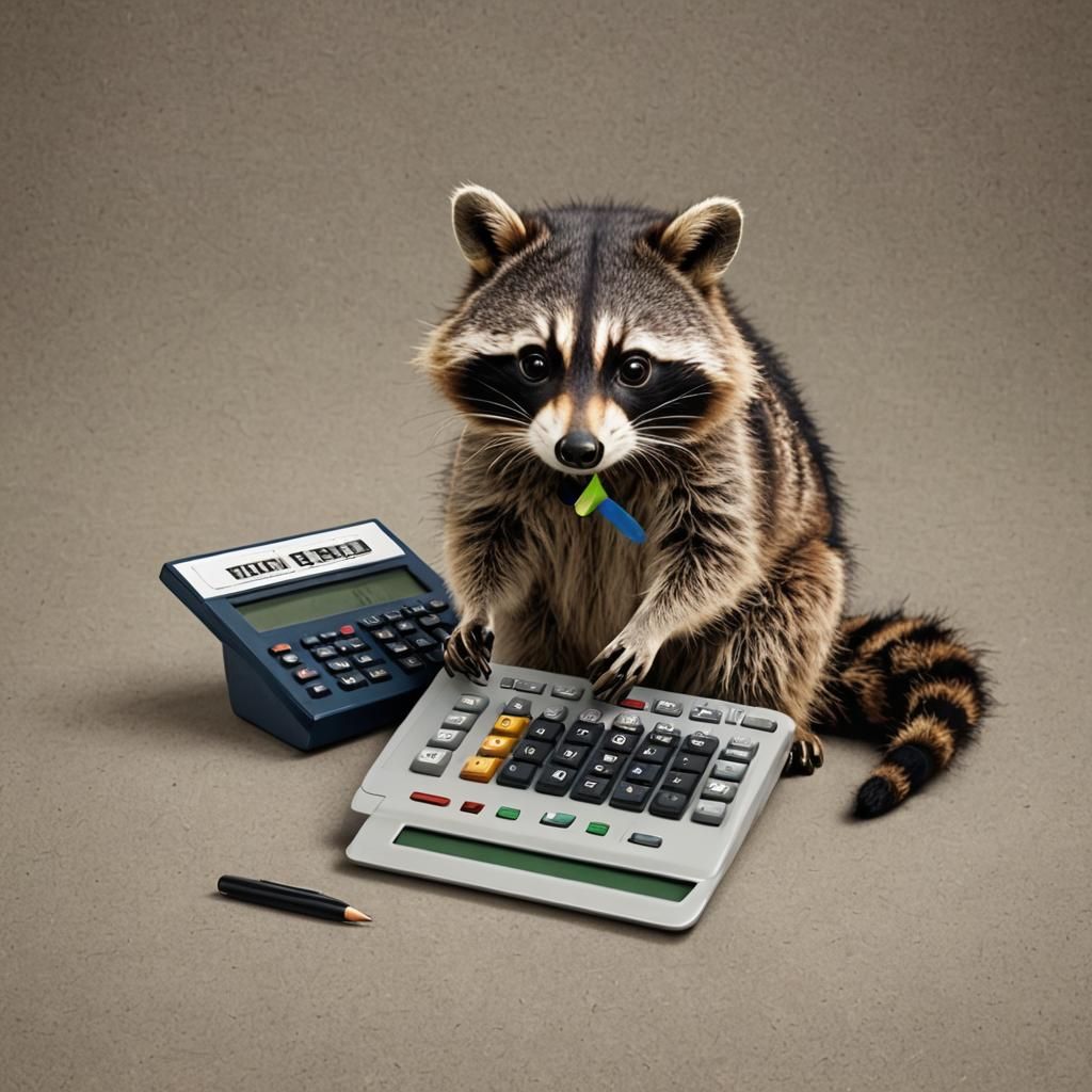 Raccoon using a giant calculator to do math