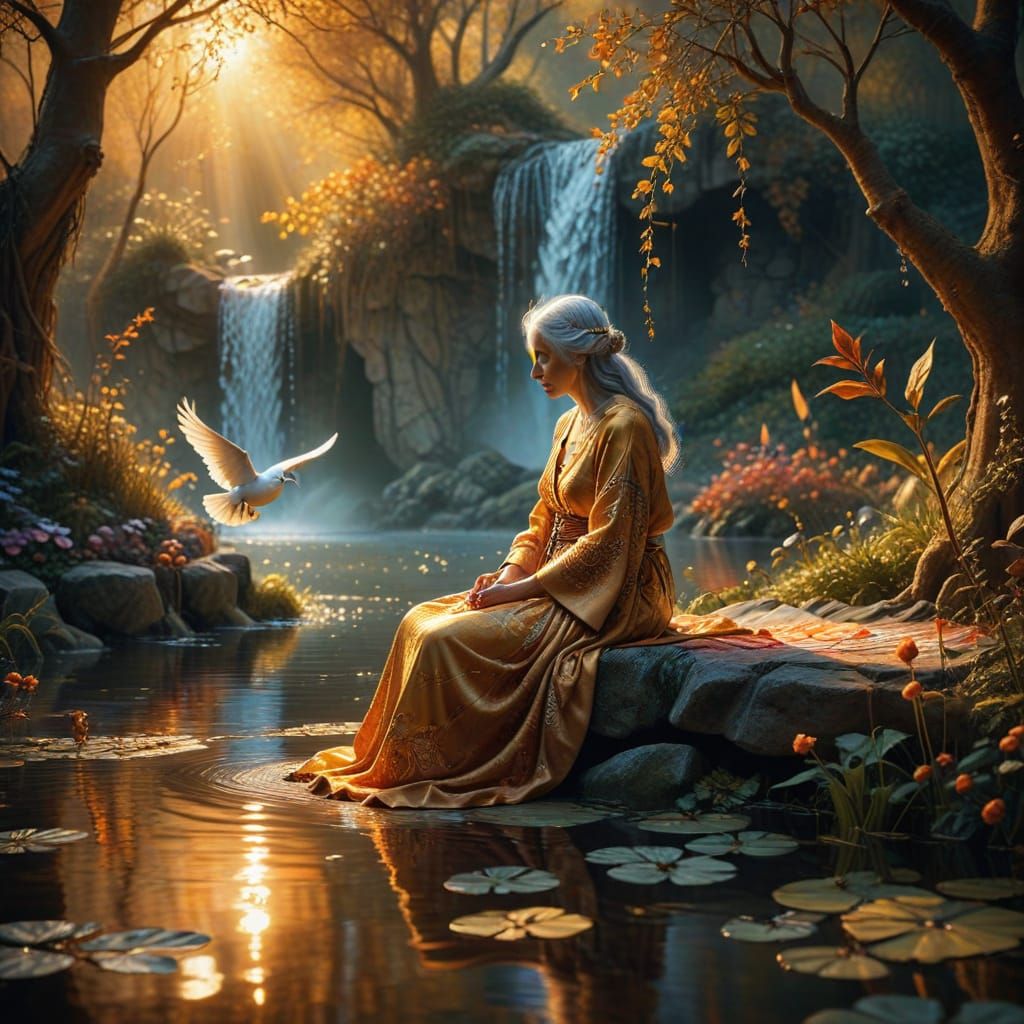 Ethereal Woman by Pond in Vivid Oil Painting Style