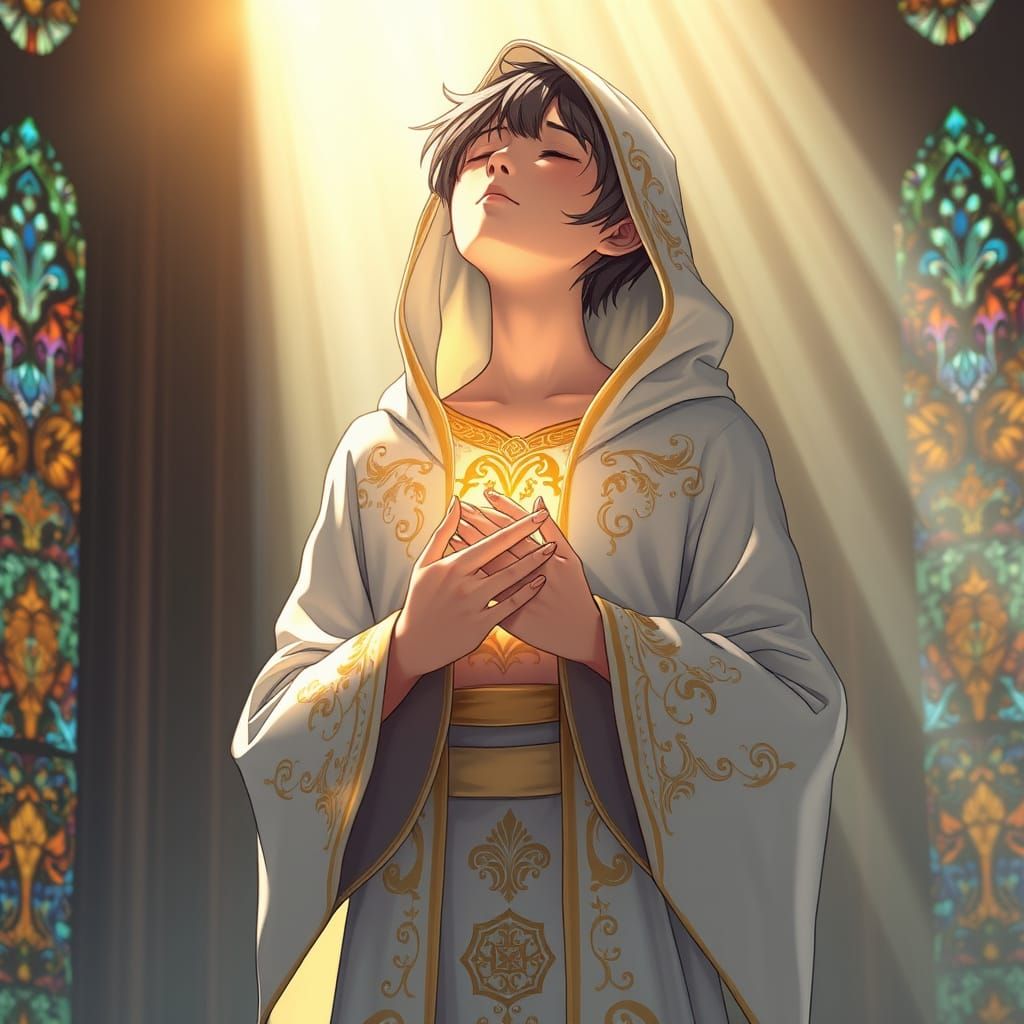 Serene Figure in Reverent Prayer, Illuminated by Divine Ligh...