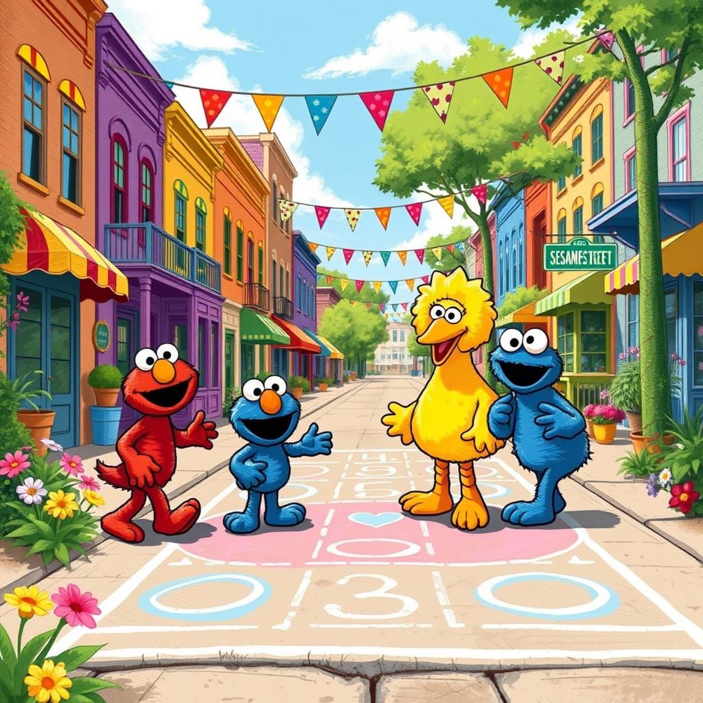 Vibrant Afternoon on Sesame Street in Whimsical Hand-Drawn S...