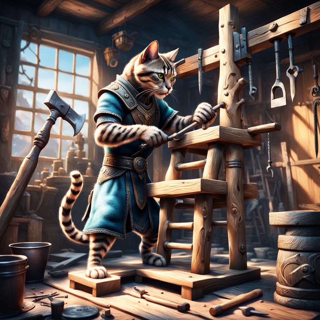 Khajiit Crafts Cat Tree House: Hyperrealistic Skyrim Scene