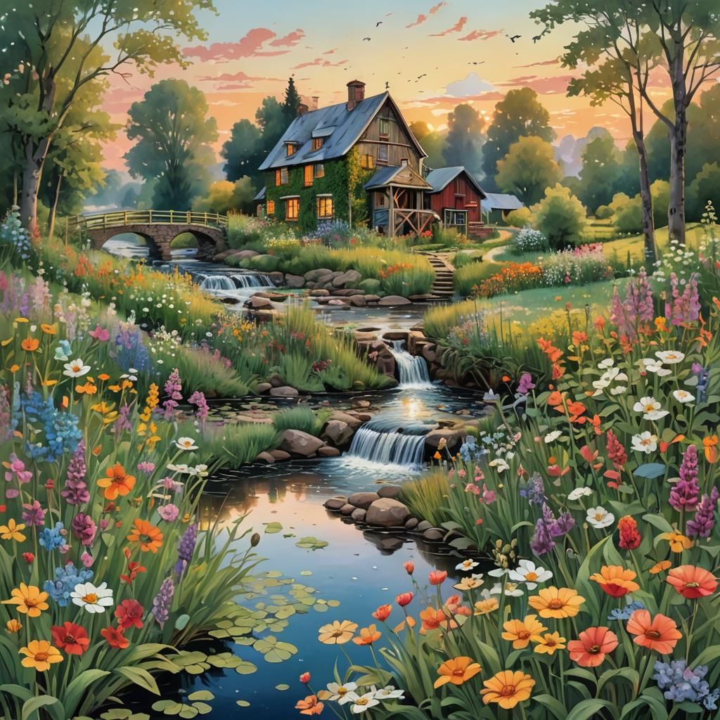 Watercolor Garden with Windmill at Sunset