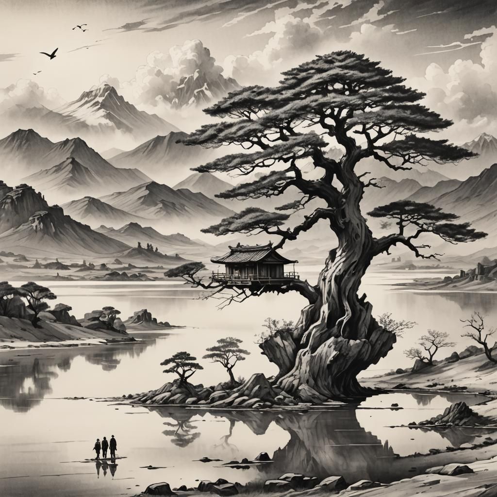 Monochrome Sketch of Giant Bonsai Tree