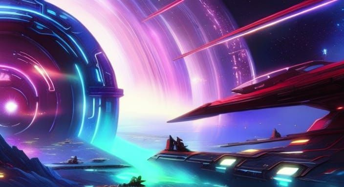 Spacecraft Soaring Through Galaxy Portal in Neon