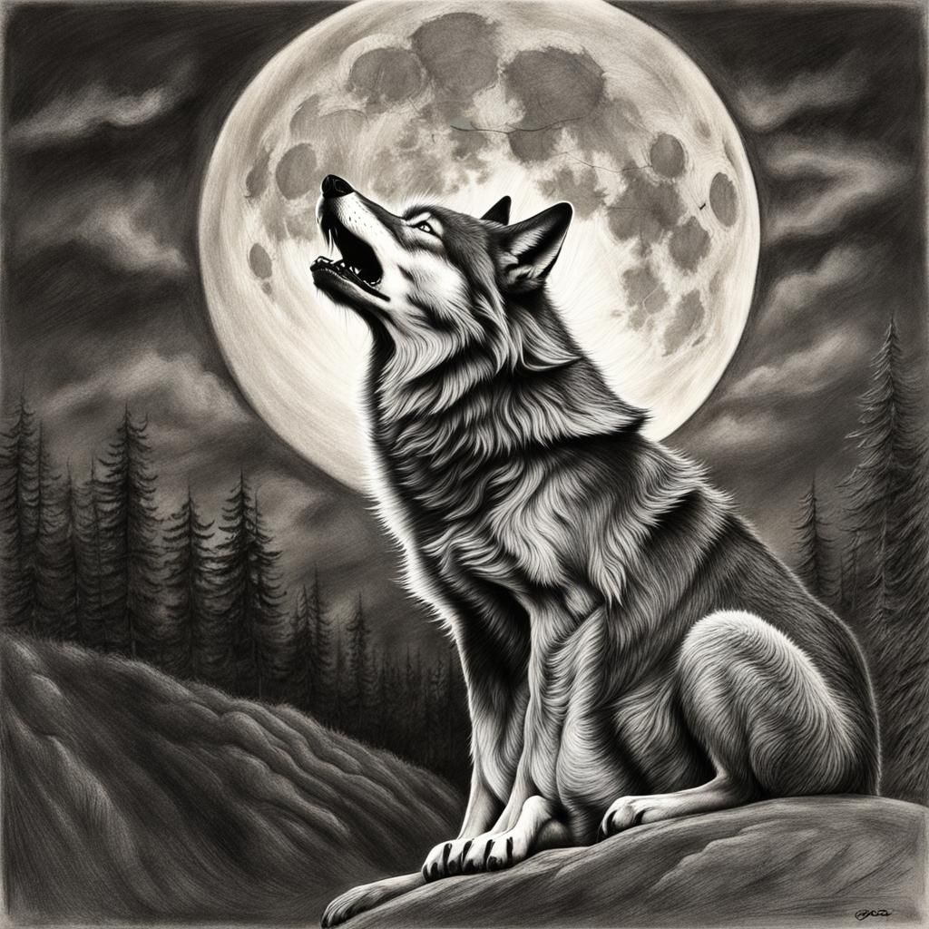 Wolf Howling at Moon: Hyperdetailed Charcoal Drawing