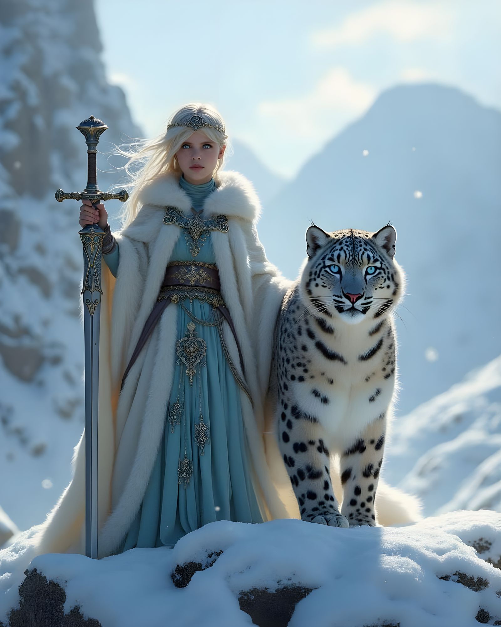 Elvin Queen and Snow Leopard on Mountain Peak