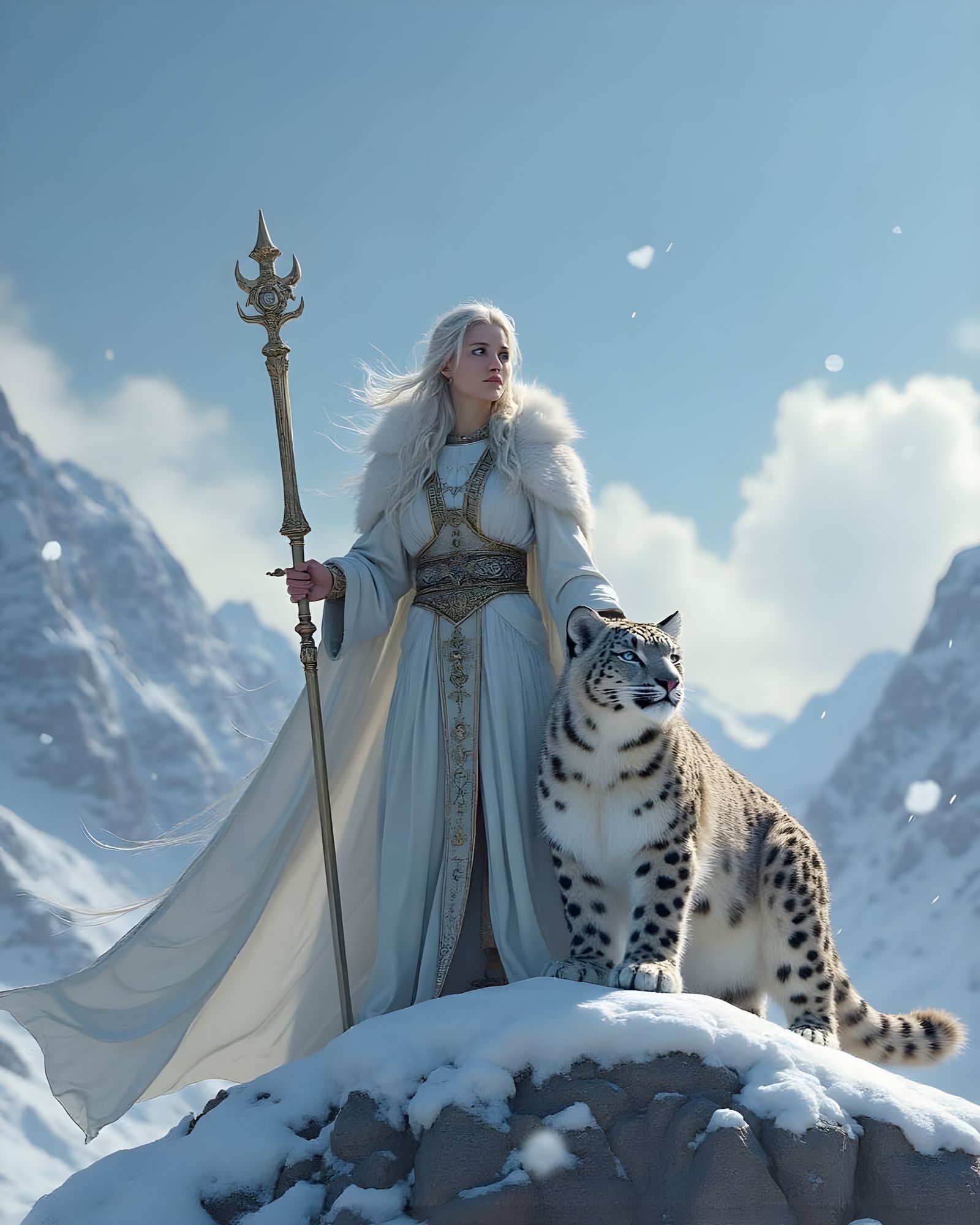 Elvin Queen and Snow Leopard on Snowy Peak