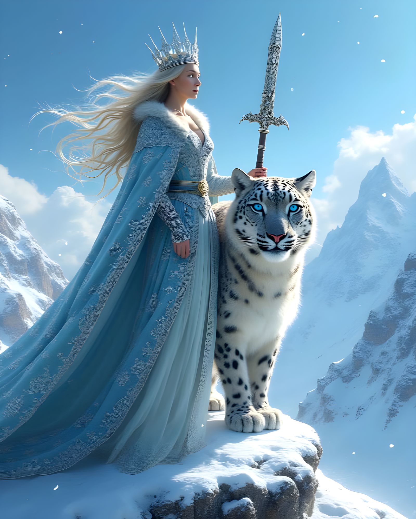 Elvin Queen and Snow Leopard on Snowy Peak