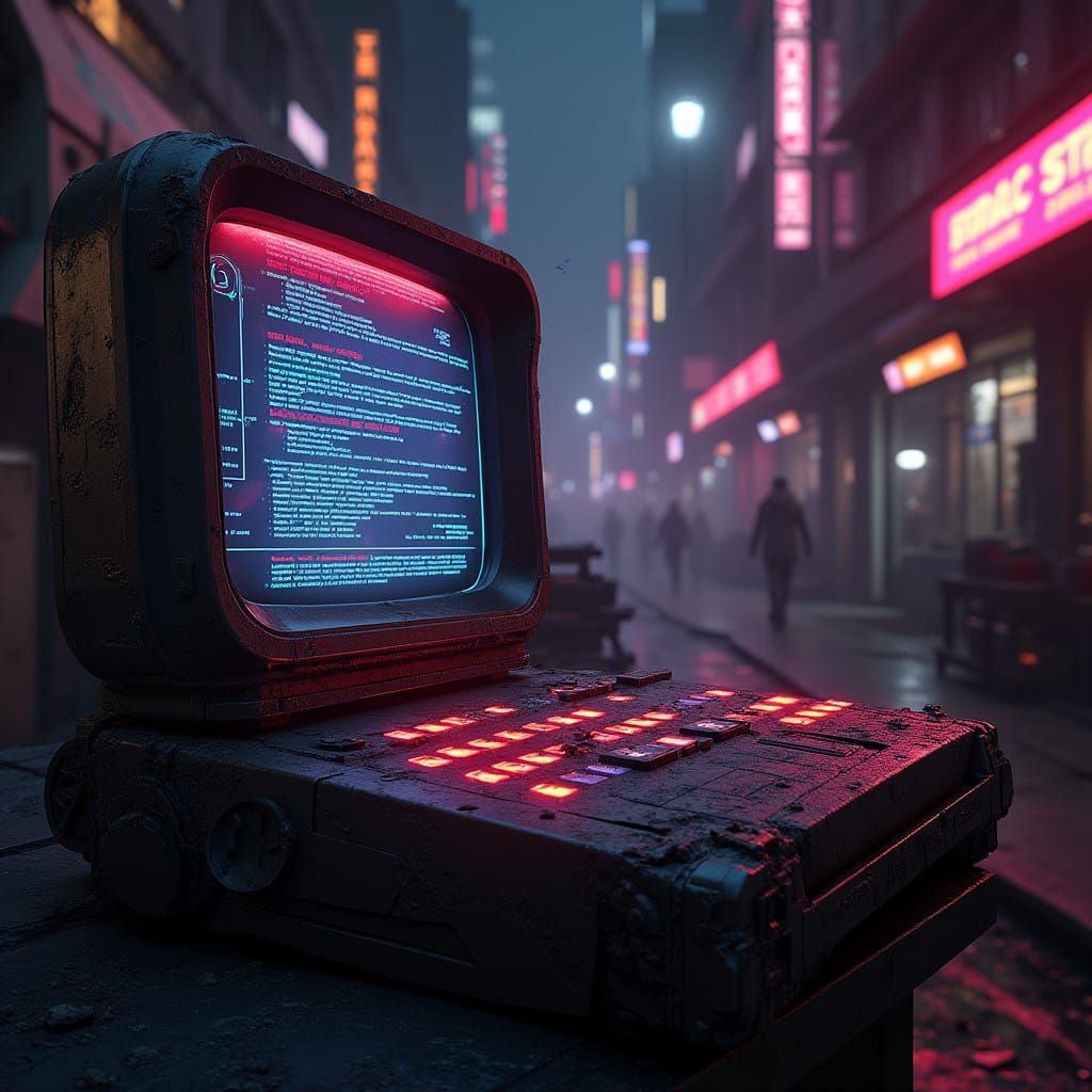 Futuristic Console in Dystopian Landscape