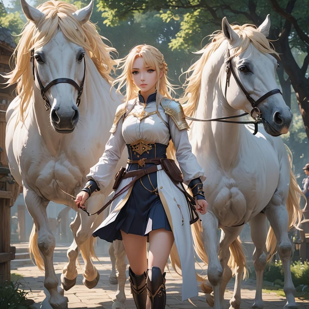 Anime Girl Leads White Horse: 3D Anime Art