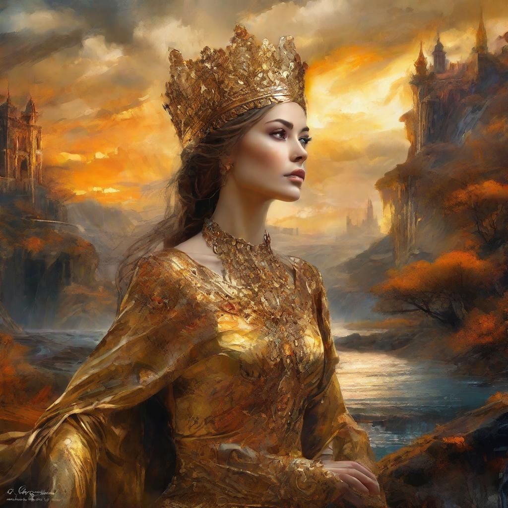 Royal princess, draped in opulent fabrics, pose in a fantasy landscape, evoking the distinctive styles of Luis Royos pow...