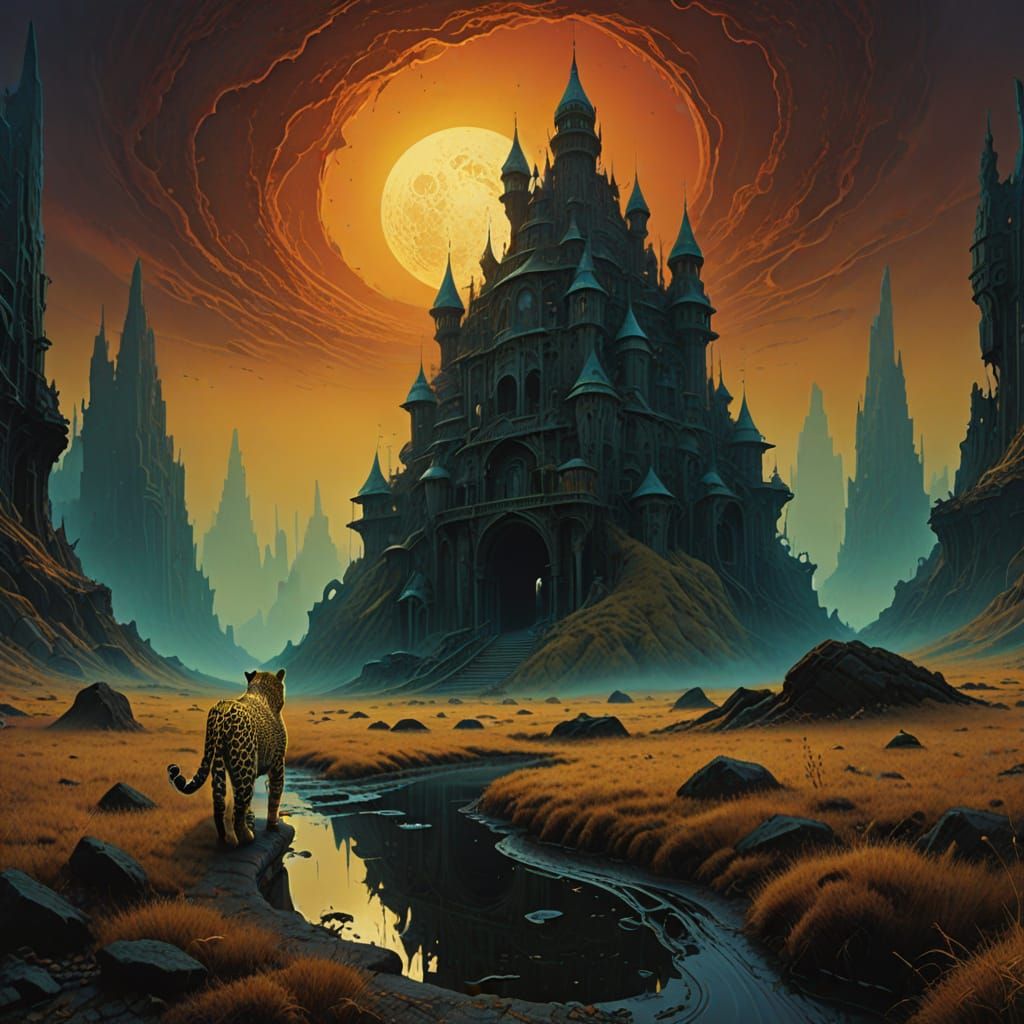 Leopard Meets Futuristic Castle in Dreamlike Aesthetic