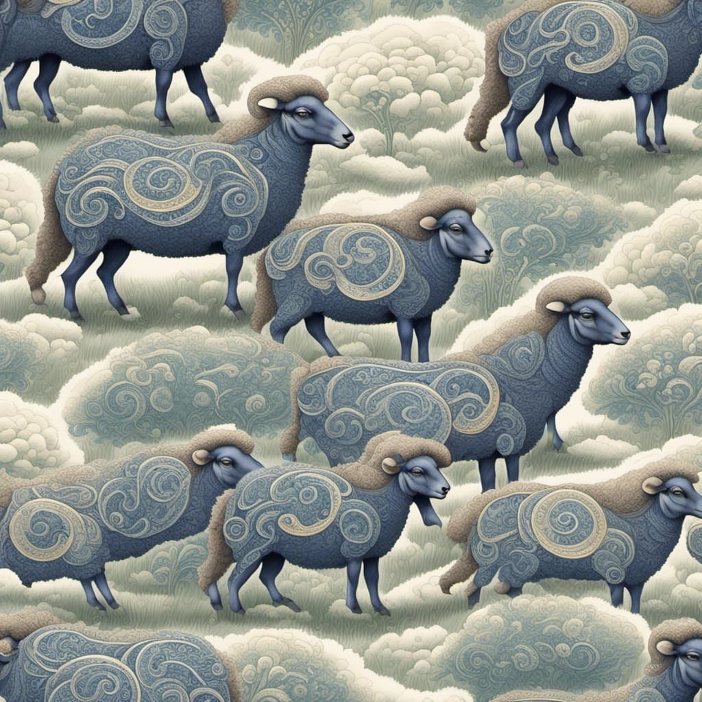 Paisley Sheep in Misty Meadow, Bohemian Style