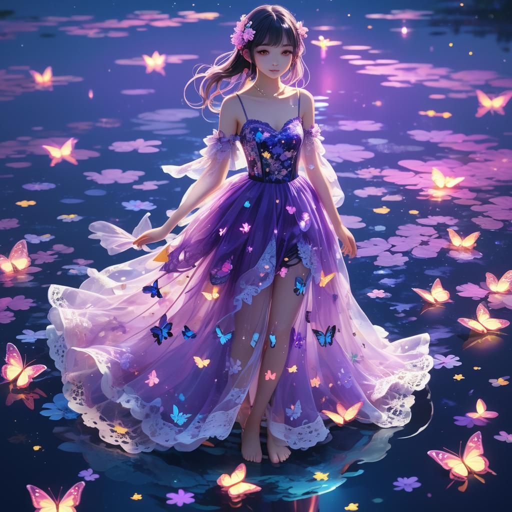 Neon Lace Woman in Anime Style