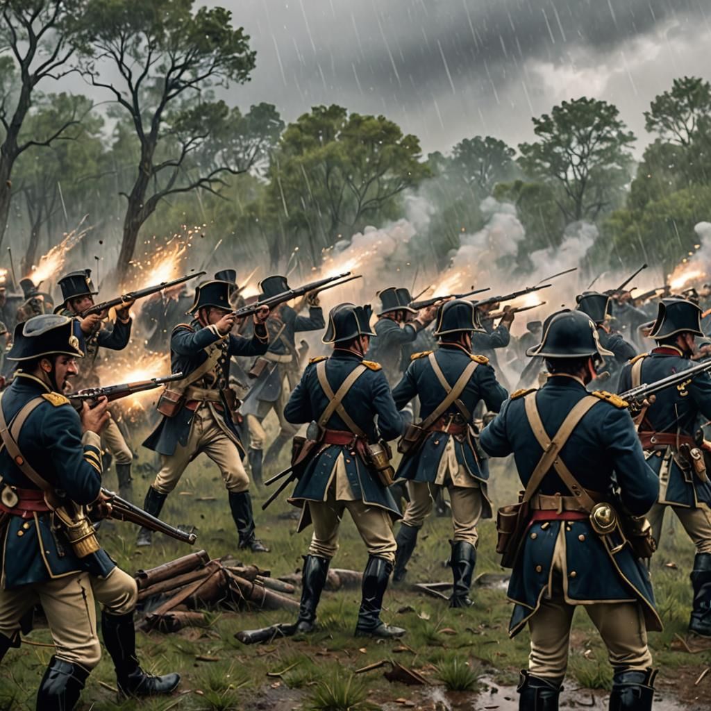 Napoleonic Soldiers Clash on Rain-Soaked Battlefield