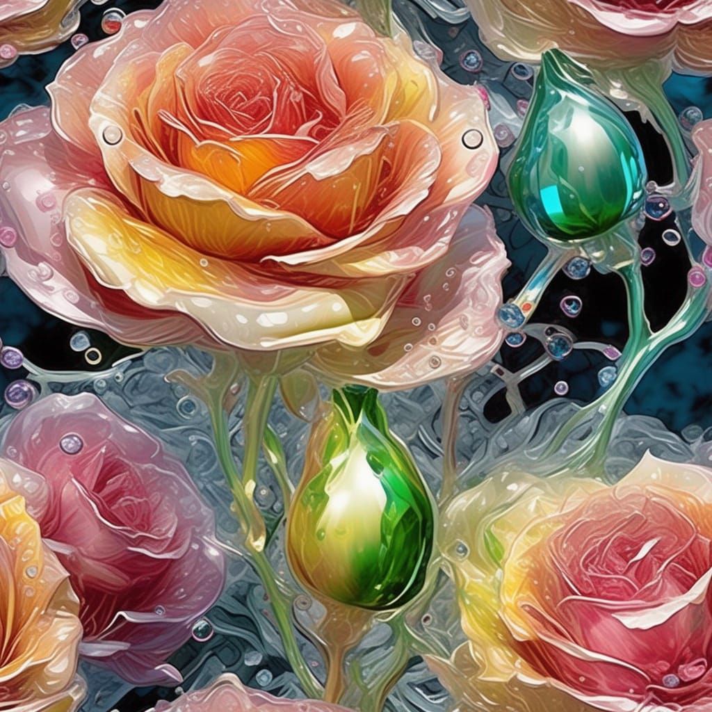 Crystal Rose Raindrops in Glass Sculpture Style