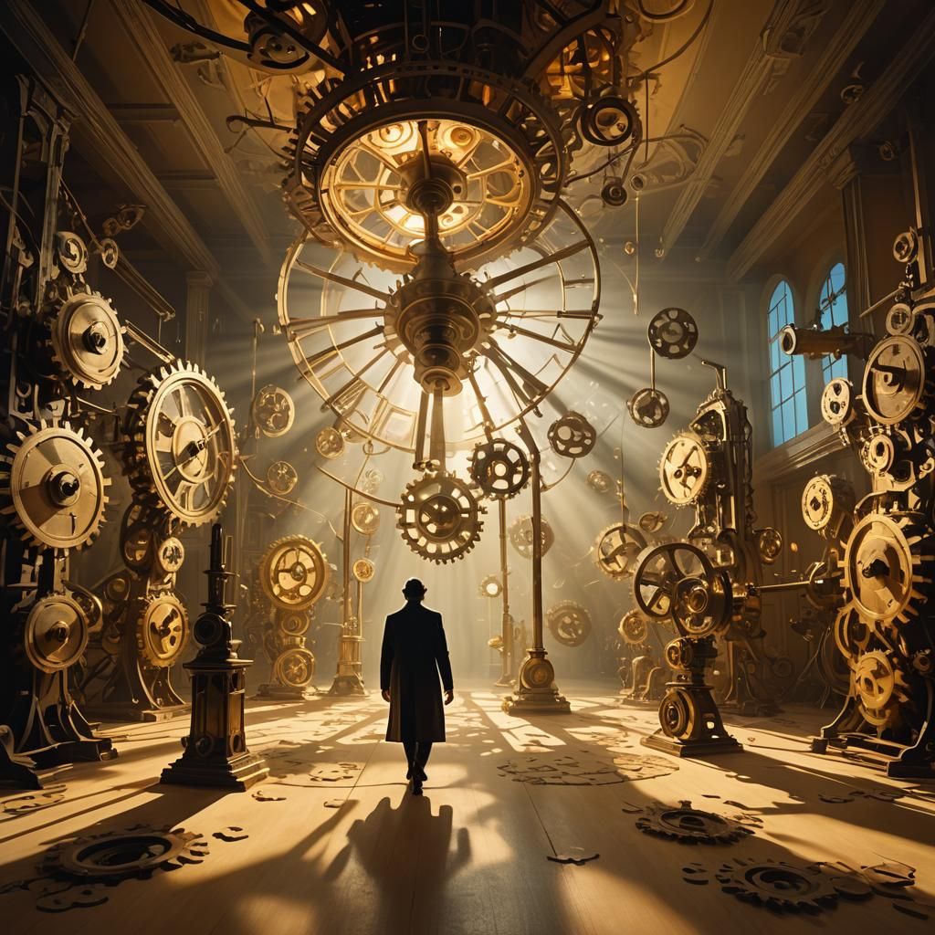 Surreal Figure Walking Towards Light in Dreamlike Scene