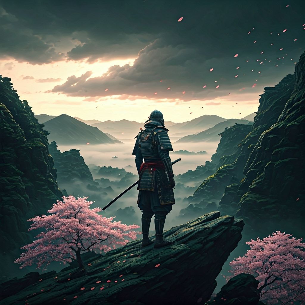 Samurai on Windswept Cliff in Japanese Ink Wash Style