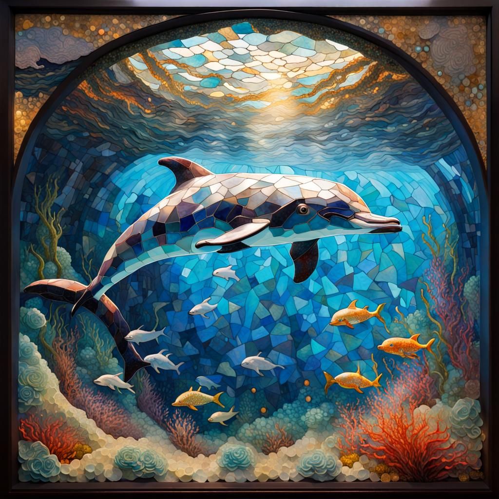 Blown Glass Mosaic of Dolphin Undersea