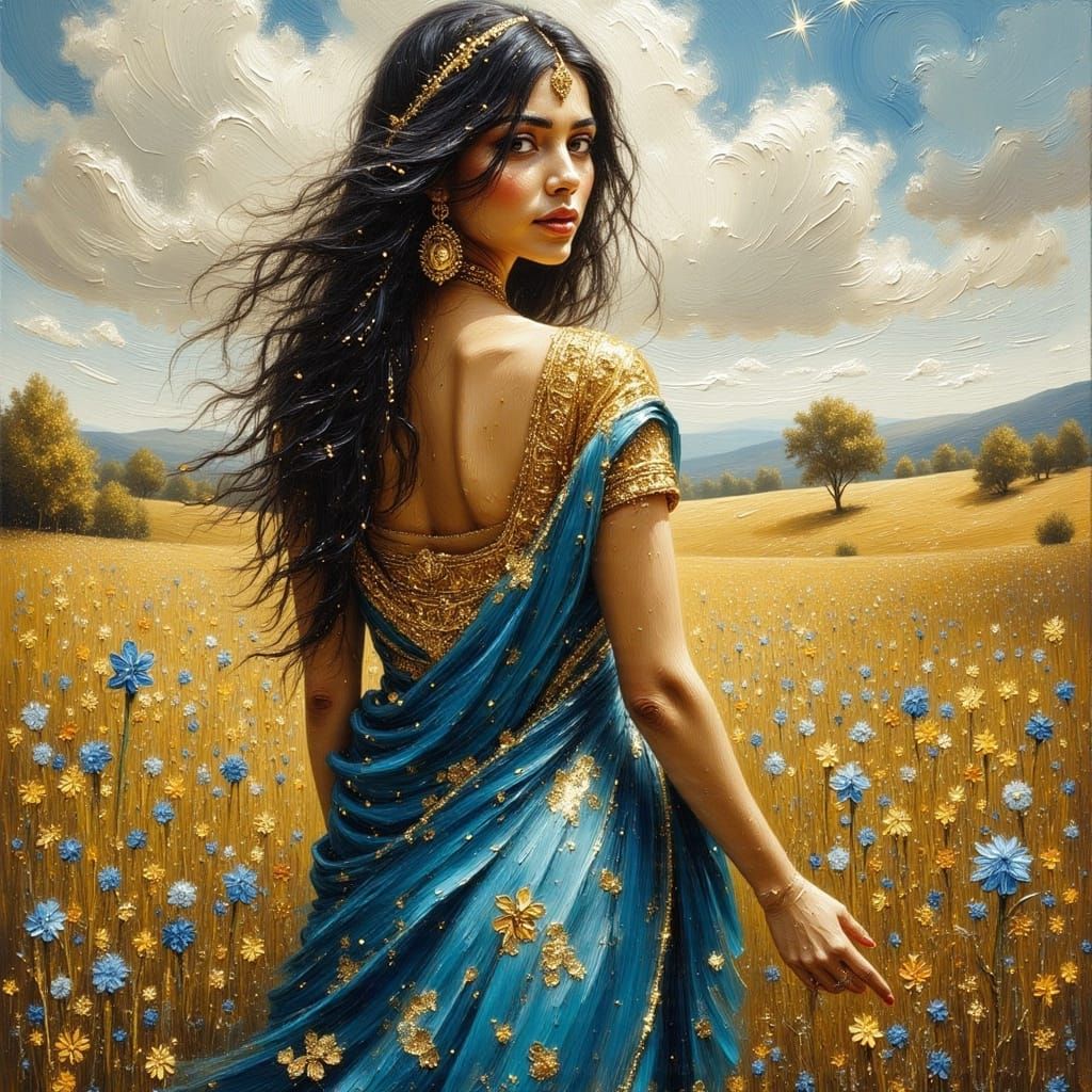 Indian Woman in Blue Sari, Impasto Oil Painting