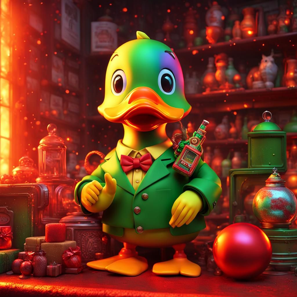 Rainbow Duck with Robot Toy in Grunge Sunrise
