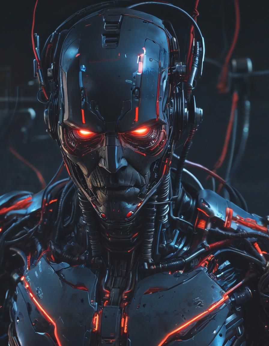 Cyberpunk Cyborg Head Suspended Above Power Suit
