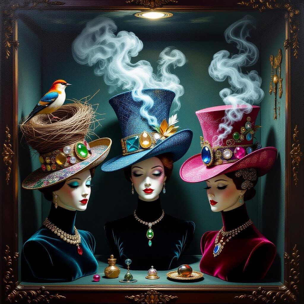 Surrealist Hats of Gemstones, Nests, and Smoke