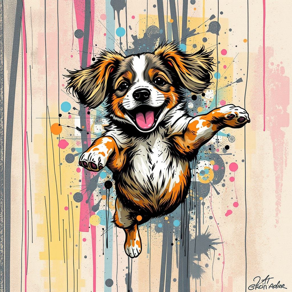 Glitchcore Puppy Mid-Leap With Vibrant Chaos