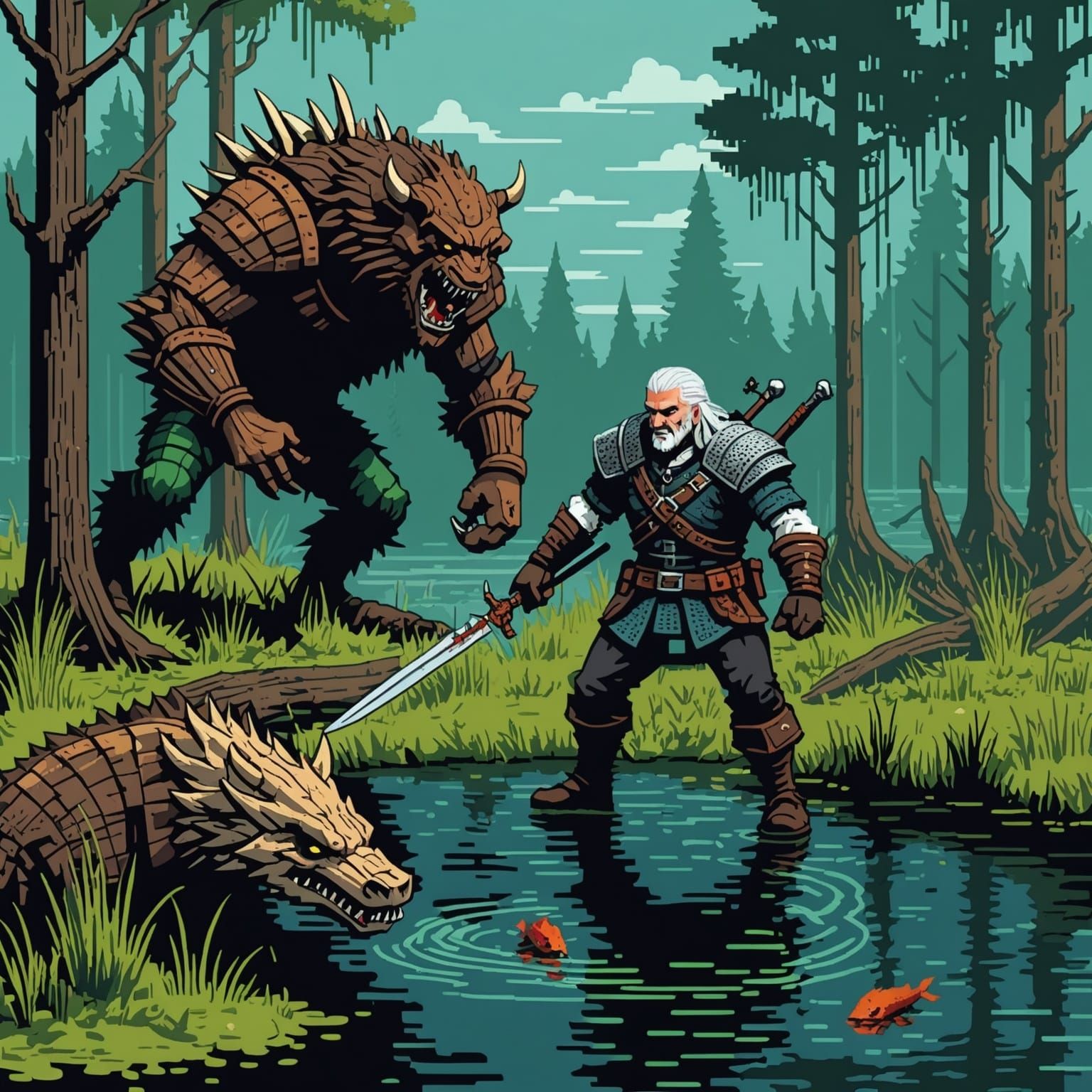 Witcher vs Drowner: 8-bit Pixel Art Battle