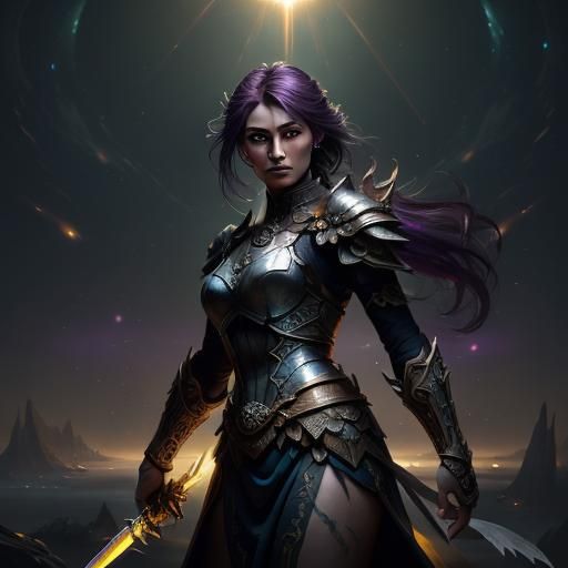 Heroic Warrior Woman in Mystical Portal, Cyberpunk Inspired...