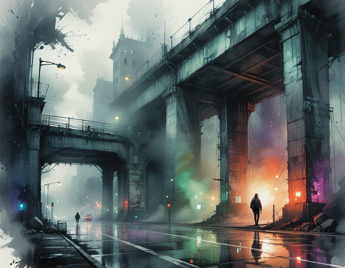 Ethereal Figure Under Overpass as Watercolor Painting