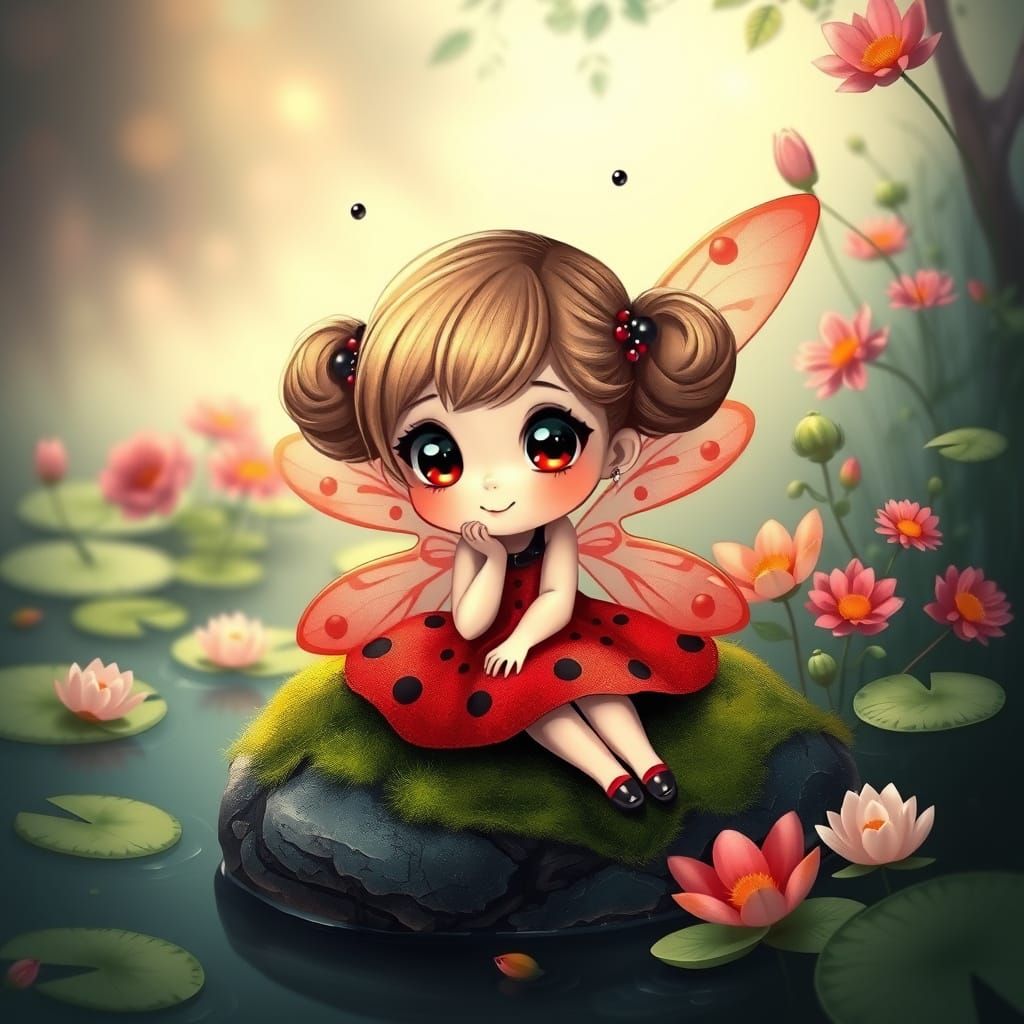 Chibi Fairy Girl Dressed as Ladybug in Dreamy Fantasy Art