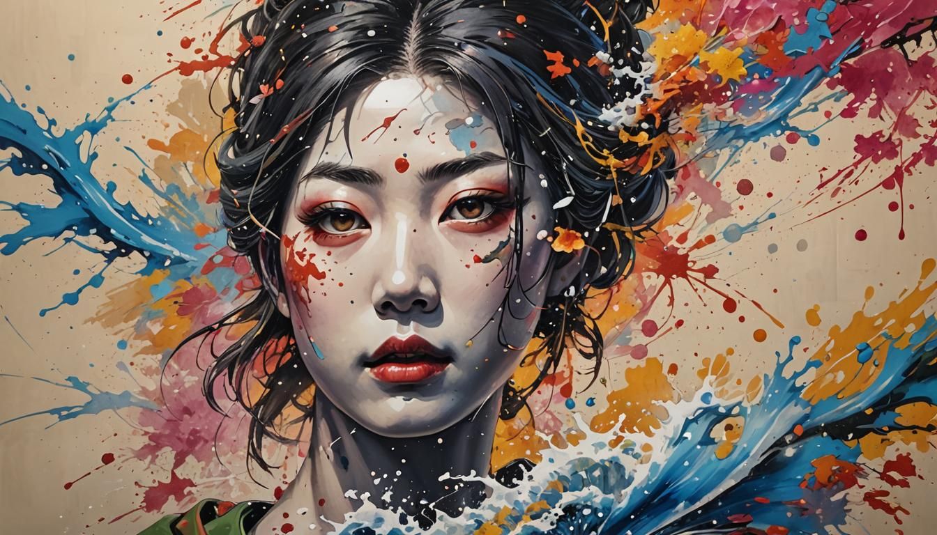 Japanese Painting on Canvas in Hyperrealistic Splash Art