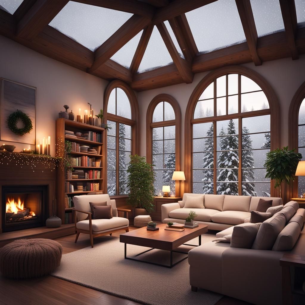 Cozy Room with Fireplace and Snowy View