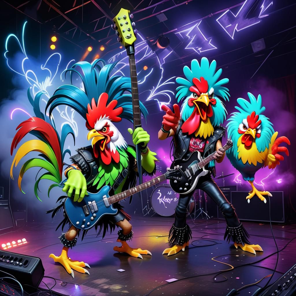 Heavymetal Rooster Rockstar Shredding Guitar with Furious Fo...
