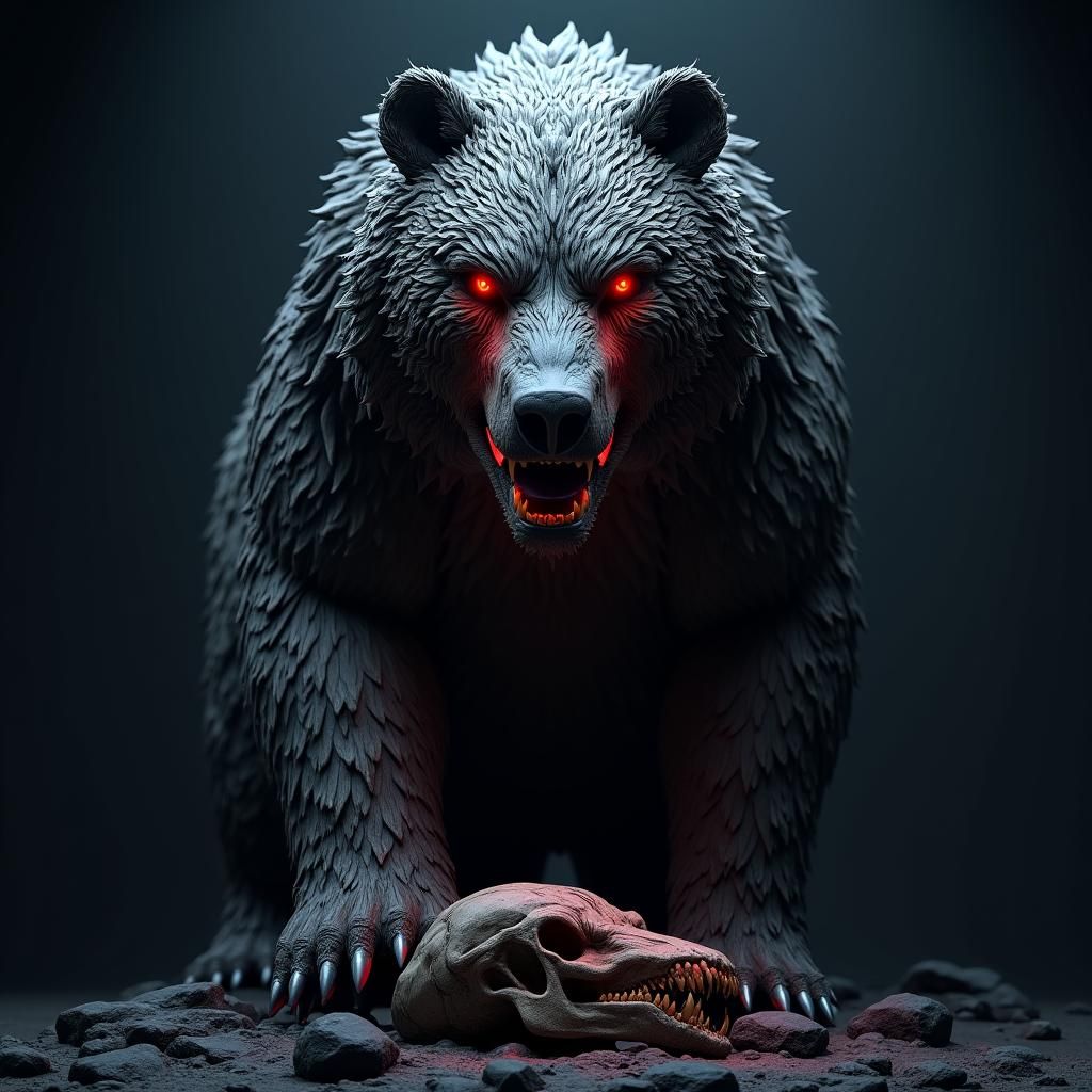 Colossal Carved Bear Statue with Dire Wolf Skull