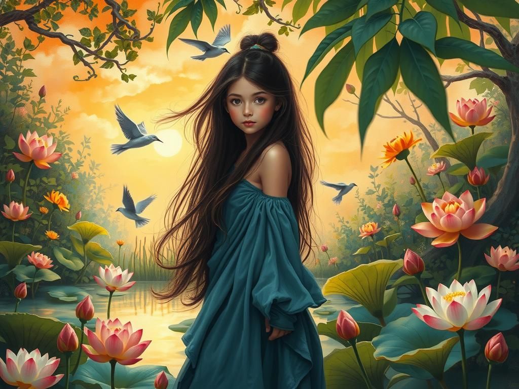 Girl in Surreal Garden: Impressionistic Oil Painting