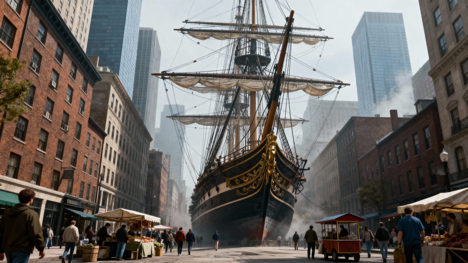 Surreal Ship Sails City Streets in Photorealistic Style