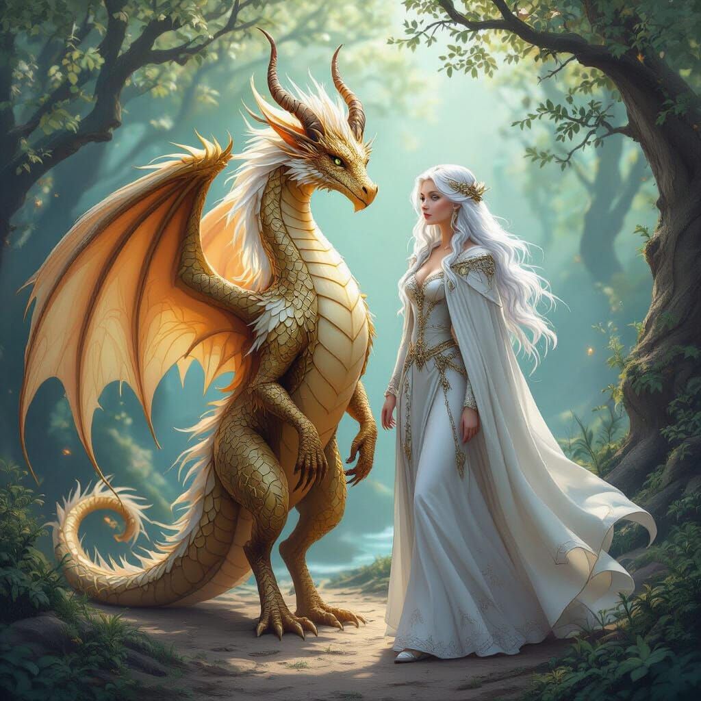 Mystical Dragon and Silver-Haired Woman in Dreamscape