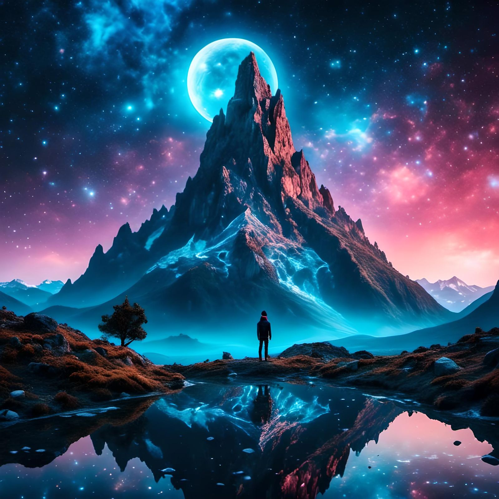 Celestial Dreamscape: Figure Reaching for Constellations