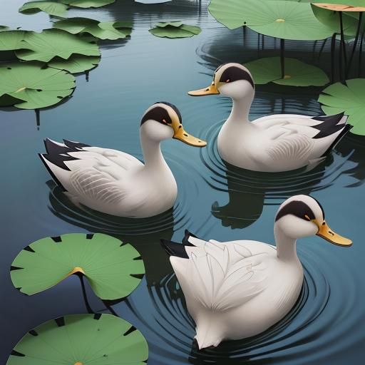 Wild Ducks in Lotus Lake: Anime-Inspired Art