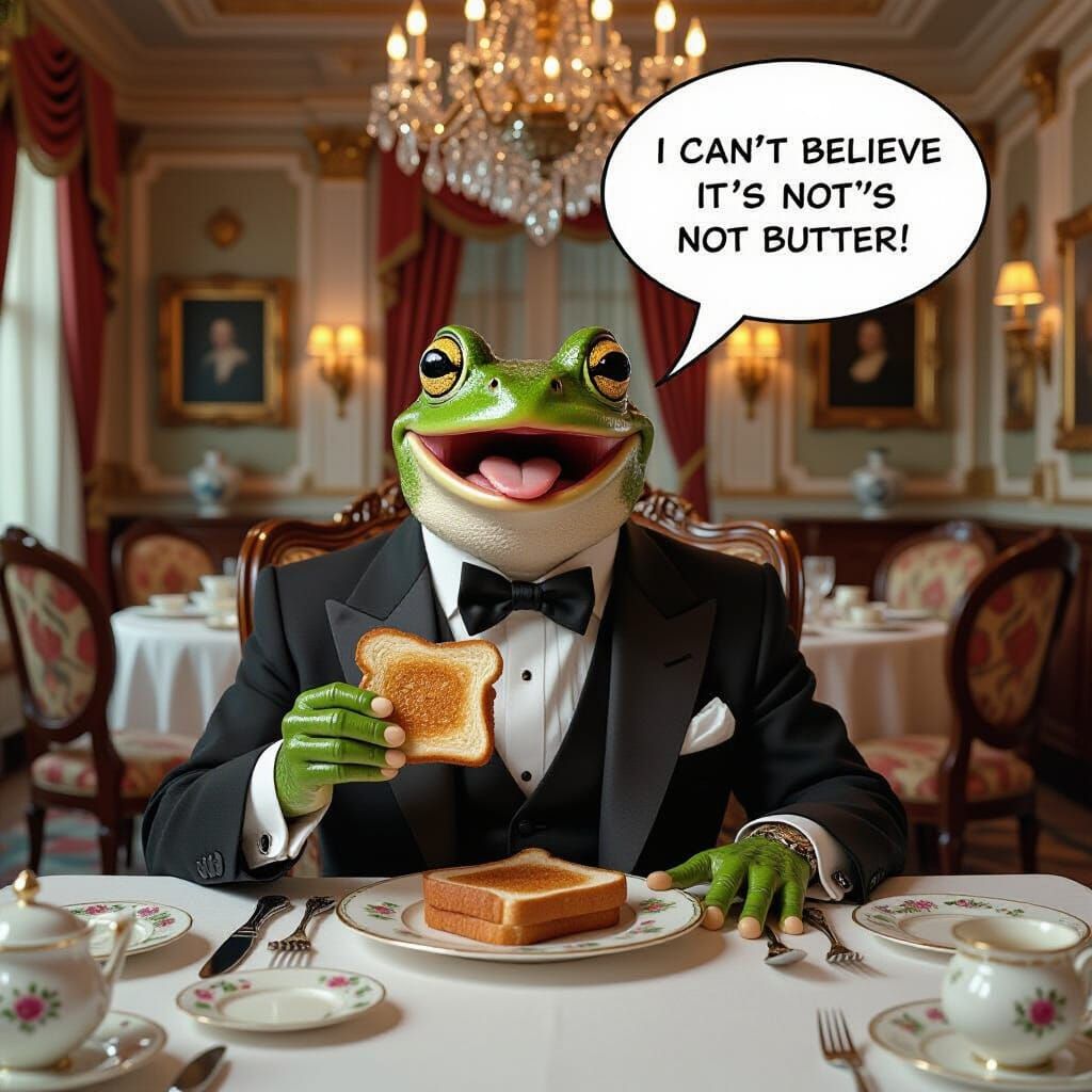 Surprised Frog in Suit with Toast, Vintage Art