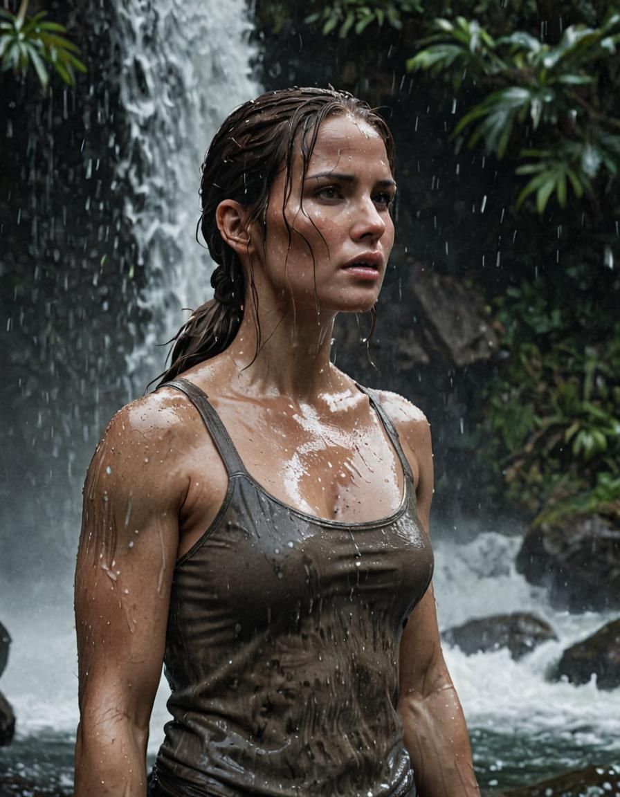 Lara Croft Under Waterfall: Cinematic Film Still