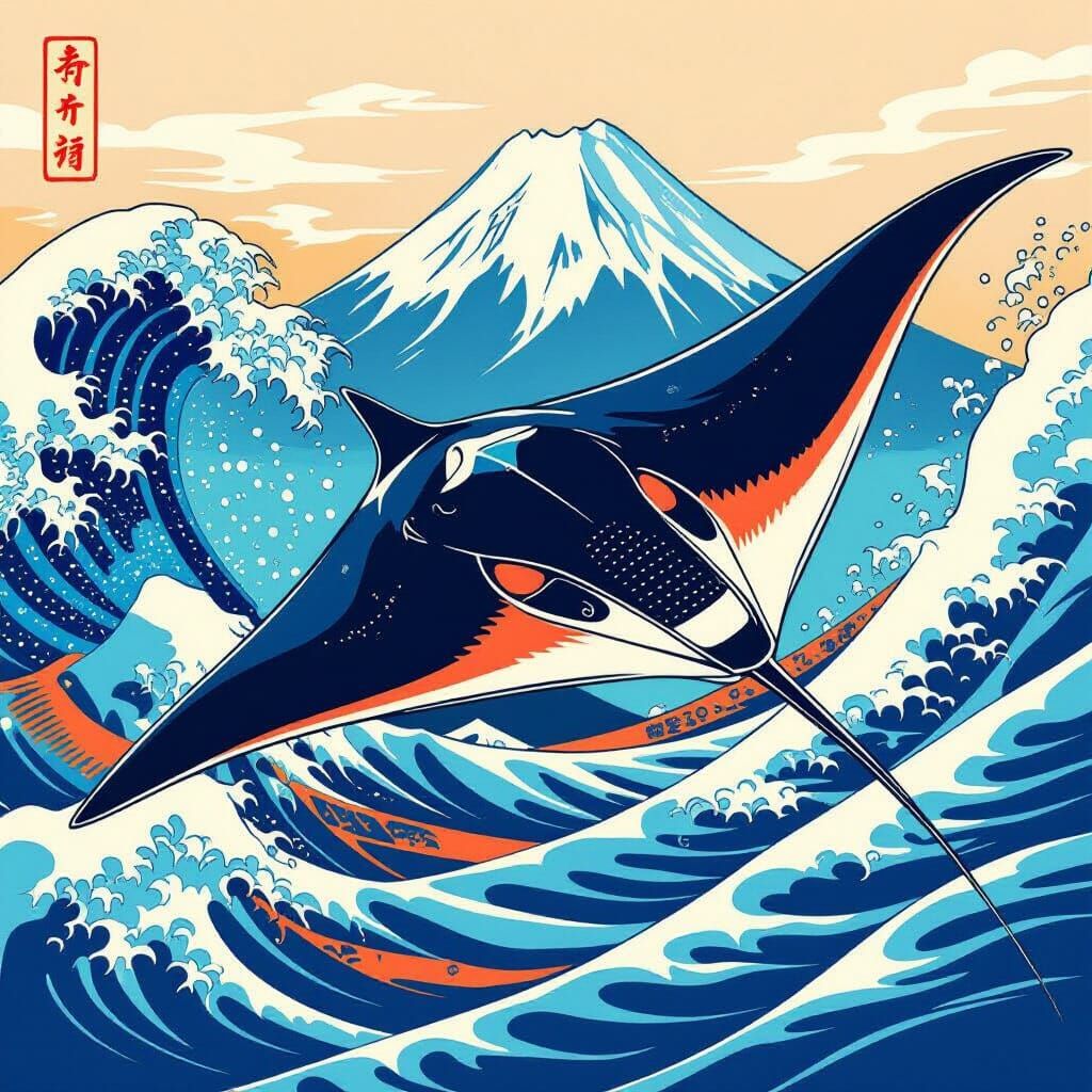 Majestic Ukiyo-e Manta Ray Glides Through Stylized Ocean