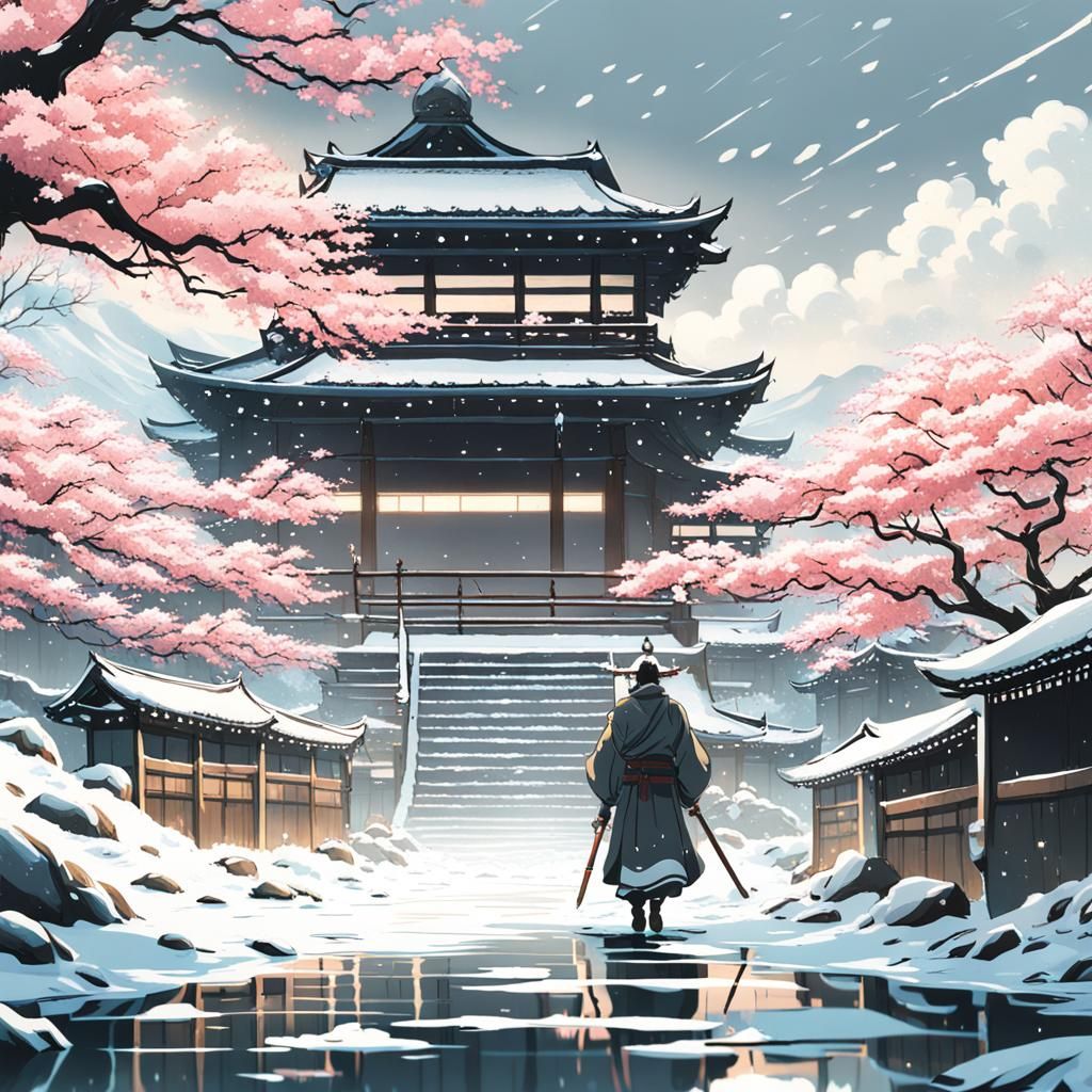 Samurai Under Snowy Cherry Blossom: Ghibli-esque Anime