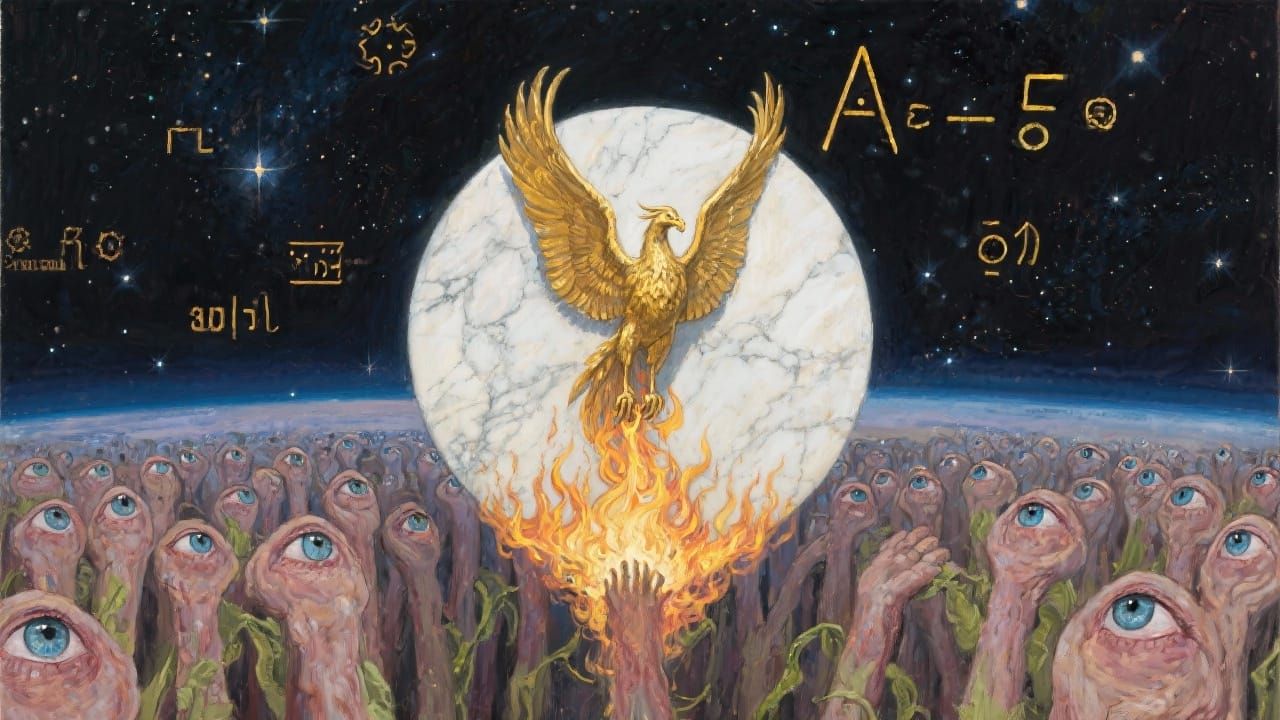 Golden Phoenix Rises Over Cosmic Disc in Oil Painting