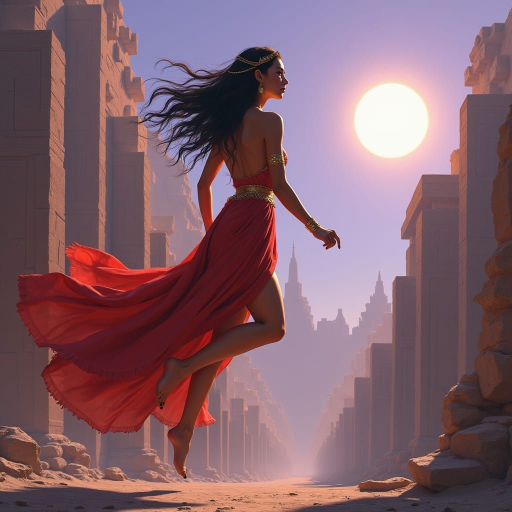 Egyptian Woman Drifting in Futuristic Cityscape