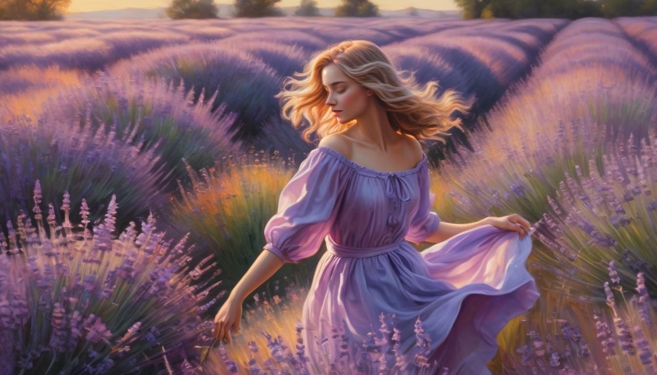 Woman Twirling in Lavender Field: Impressionist Oil Painting