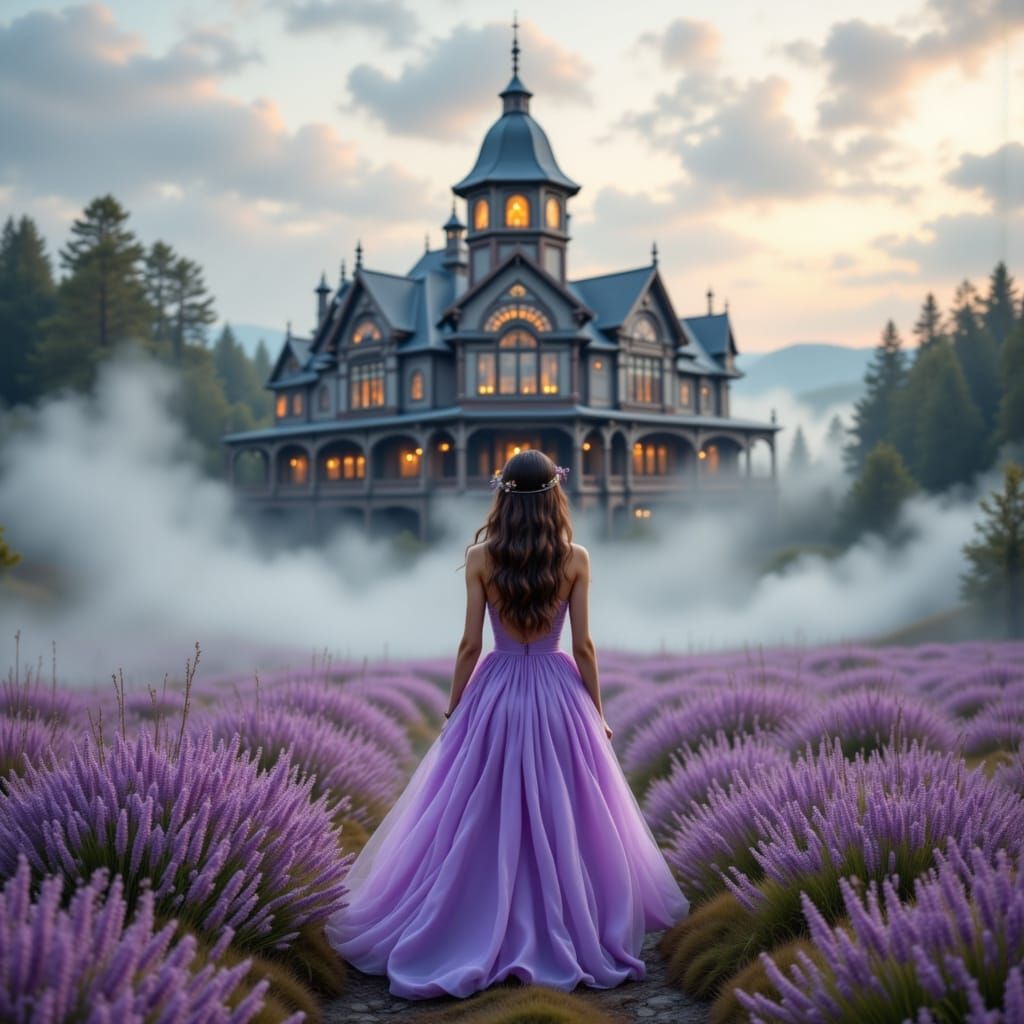 Woman in Lavender Dress at Misty Train Station