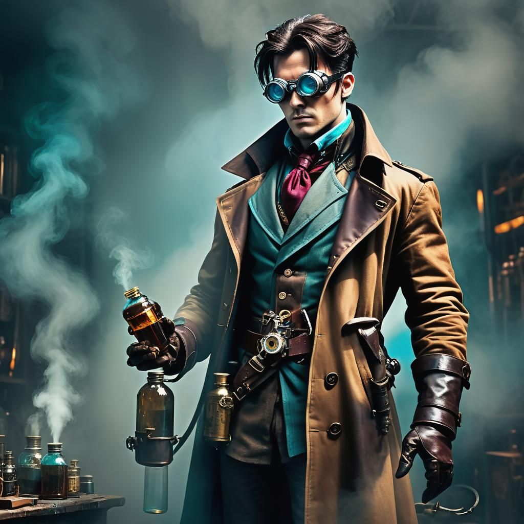 Steampunk Alchemist Portrait with Goggles and Scar